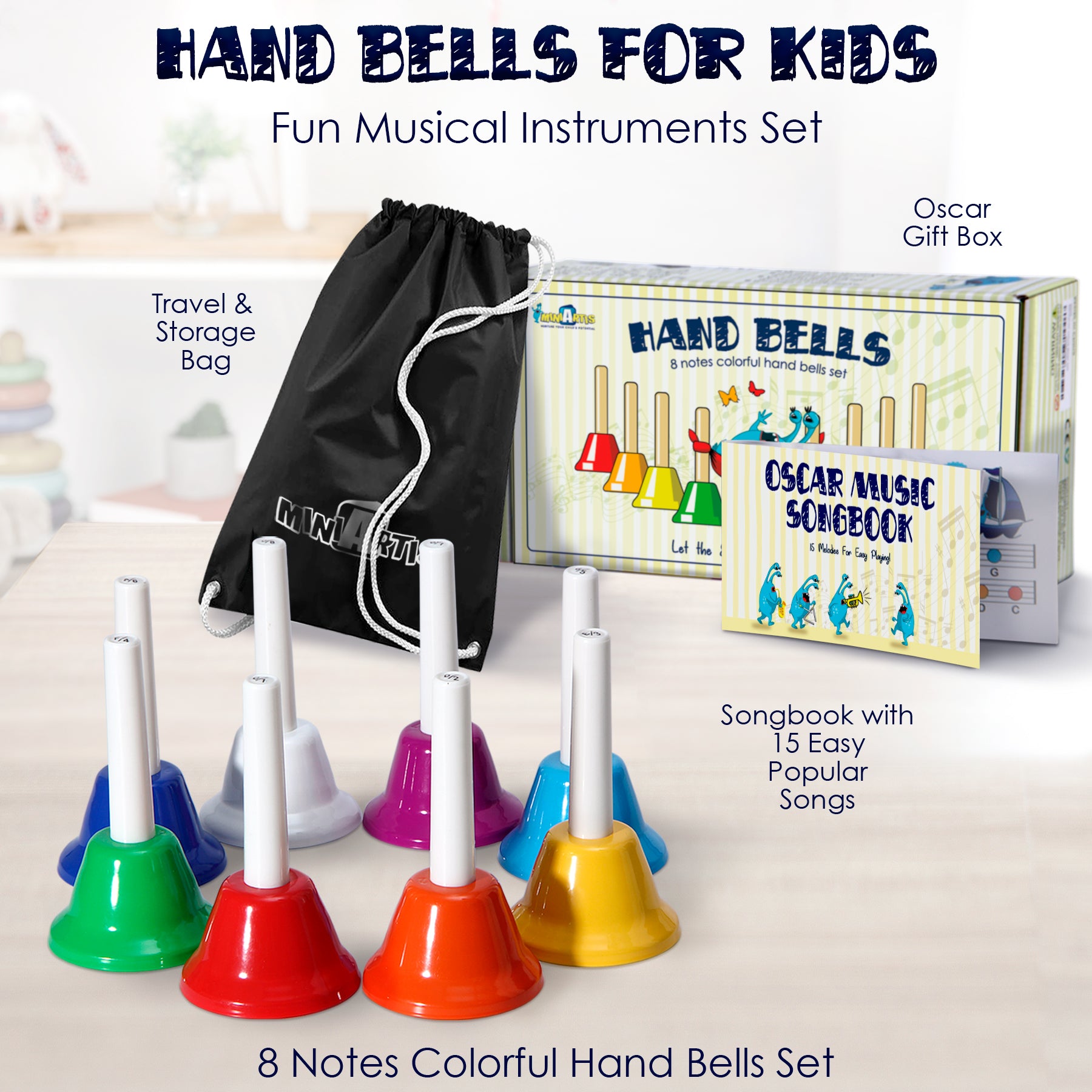 Rainbow Chime Hand Bells Set 8-Note Colorful Musical Instrument with S ...