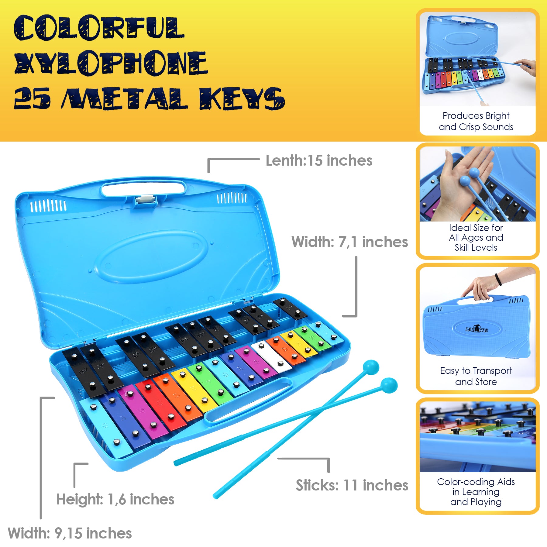 Professional Plastic Blue Glockenspiel Xylophone with 25 Metal Keys for  Adult