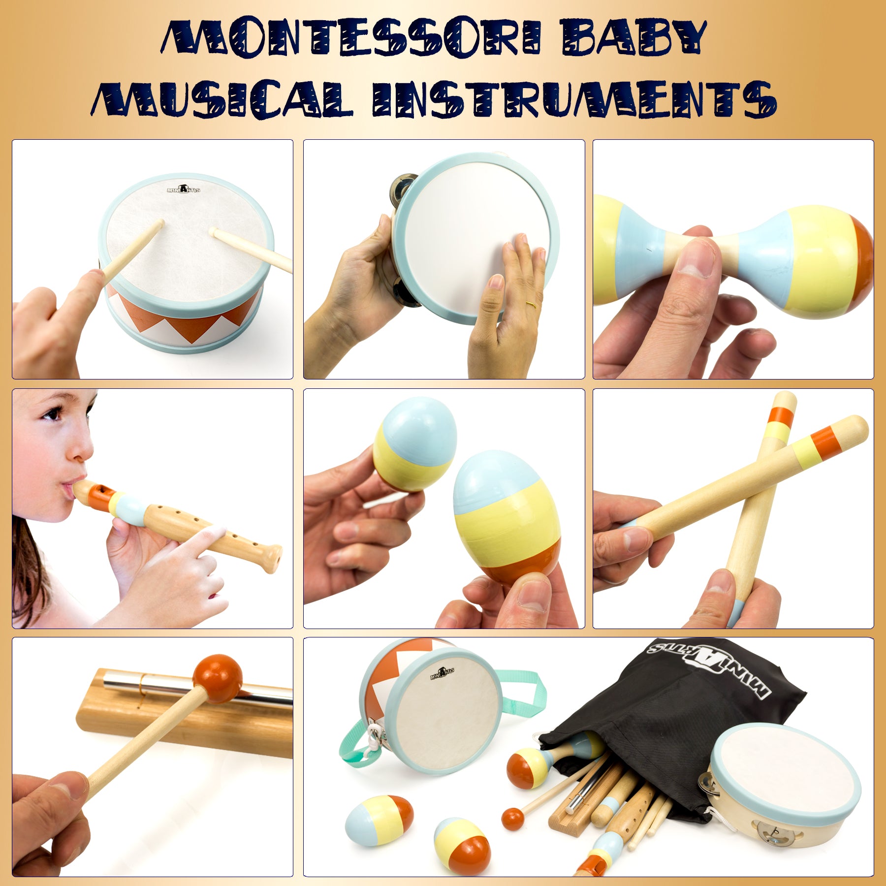 Baby Instrument Kit Montessori Baby Drum Set for Toddlers 1-3 with Percussion Instruments ...