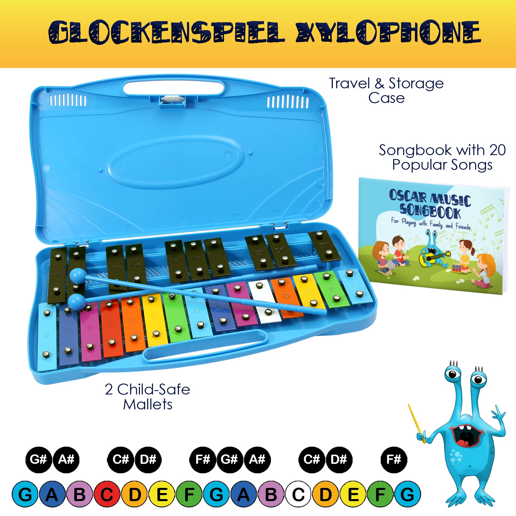 MYEONGCHANG 25note Glockenspiel, Xylophone for Kids and Adult Purcussion  Instrument [Made in KOREA] (Yellow-Rainbow)