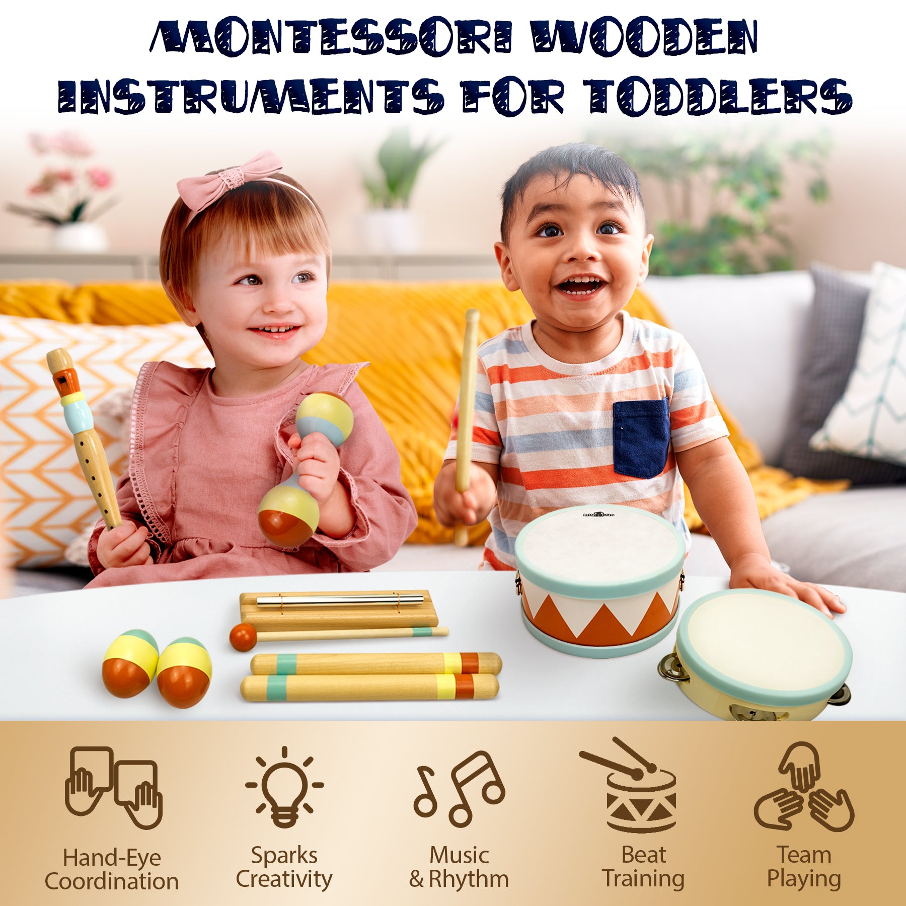 Baby Instrument Kit Montessori Baby Drum Set for Toddlers 1-3 with Percussion Instruments ...