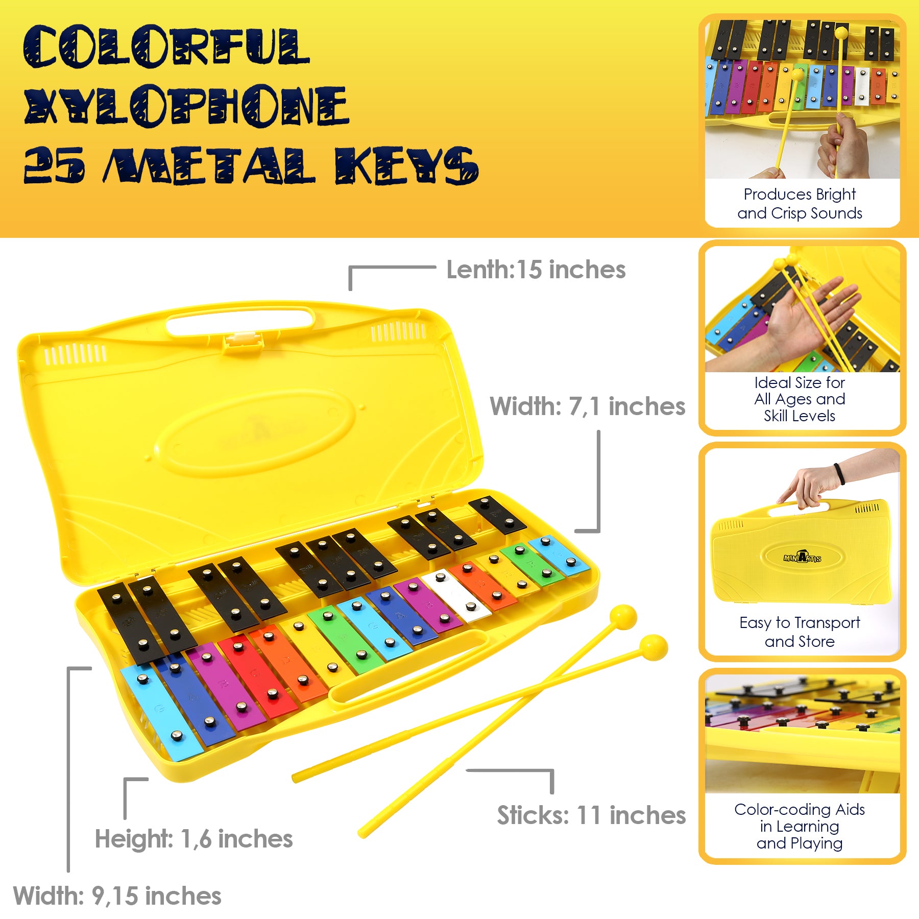 thumbnail image 2 of 27-Key Chromatic Glockenspiel Xylophone – Notes Engraved On Metal Keys, Includes 2 Beaters, G To A Range, For Kids & Beginners 2 of 13